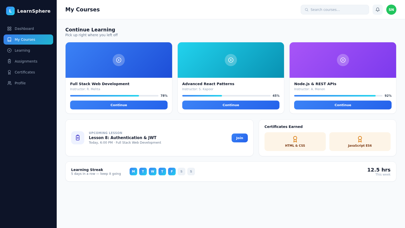 Learning Management System dashboard